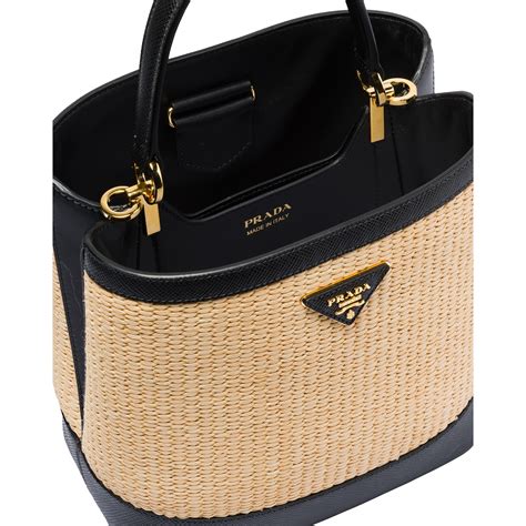 prada panier medium straw bag|Tan/black Prada Panier medium straw bag .